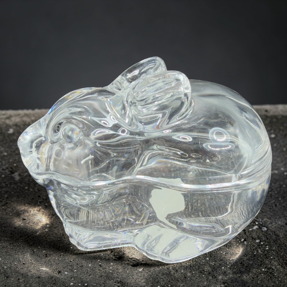 Crate & Barrel Clear Glass Covered Bunny Rabbit Candy Dish‎ Trinket Box NEW